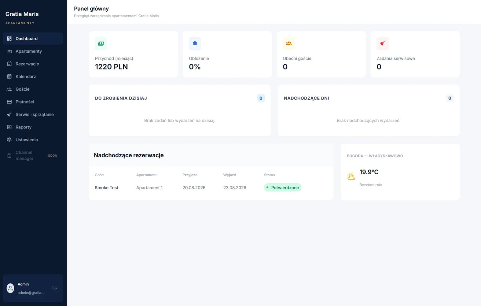 Gratia Maris admin dashboard with booking revenue and upcoming reservations