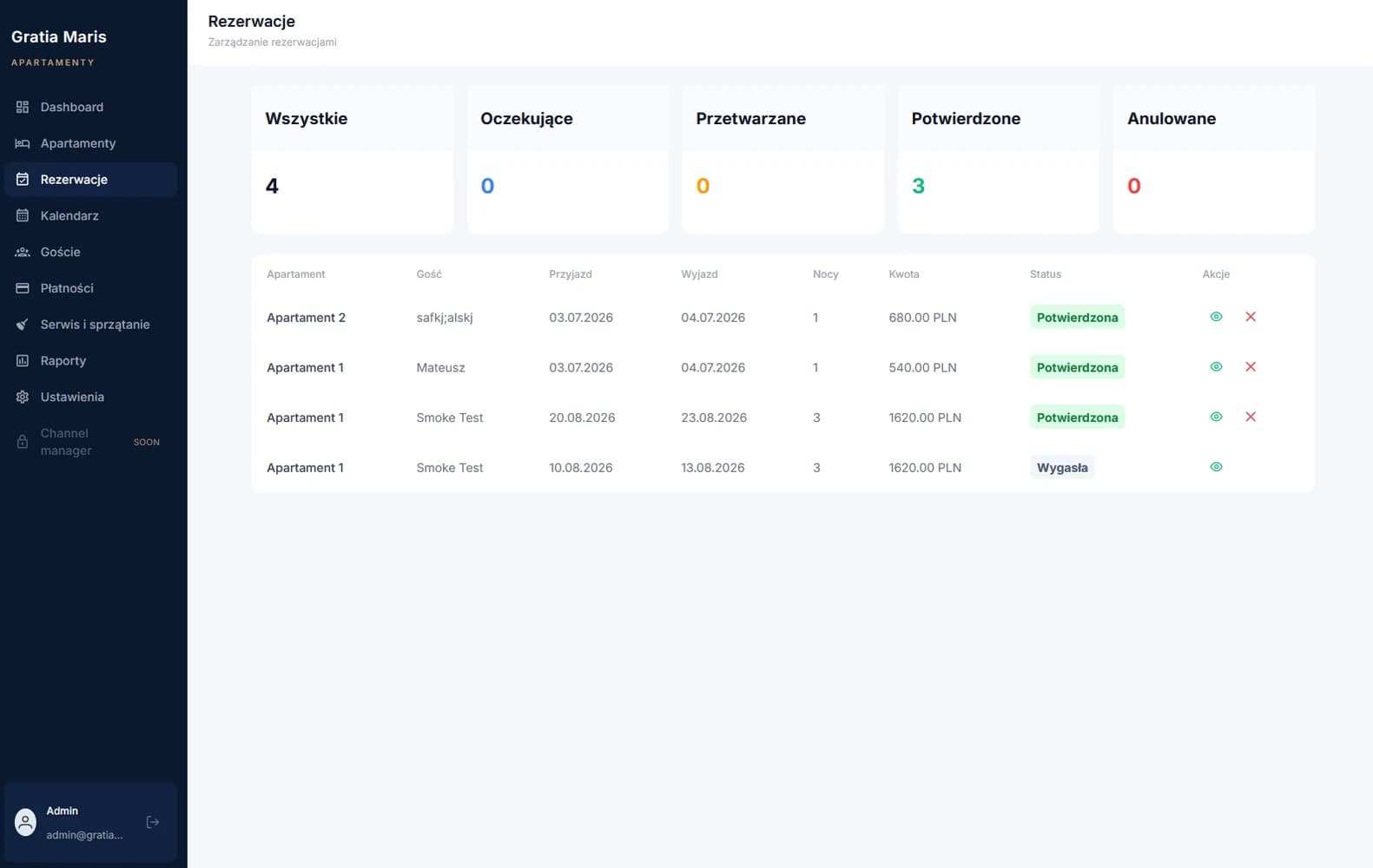 Reservation management table with payment and booking statuses