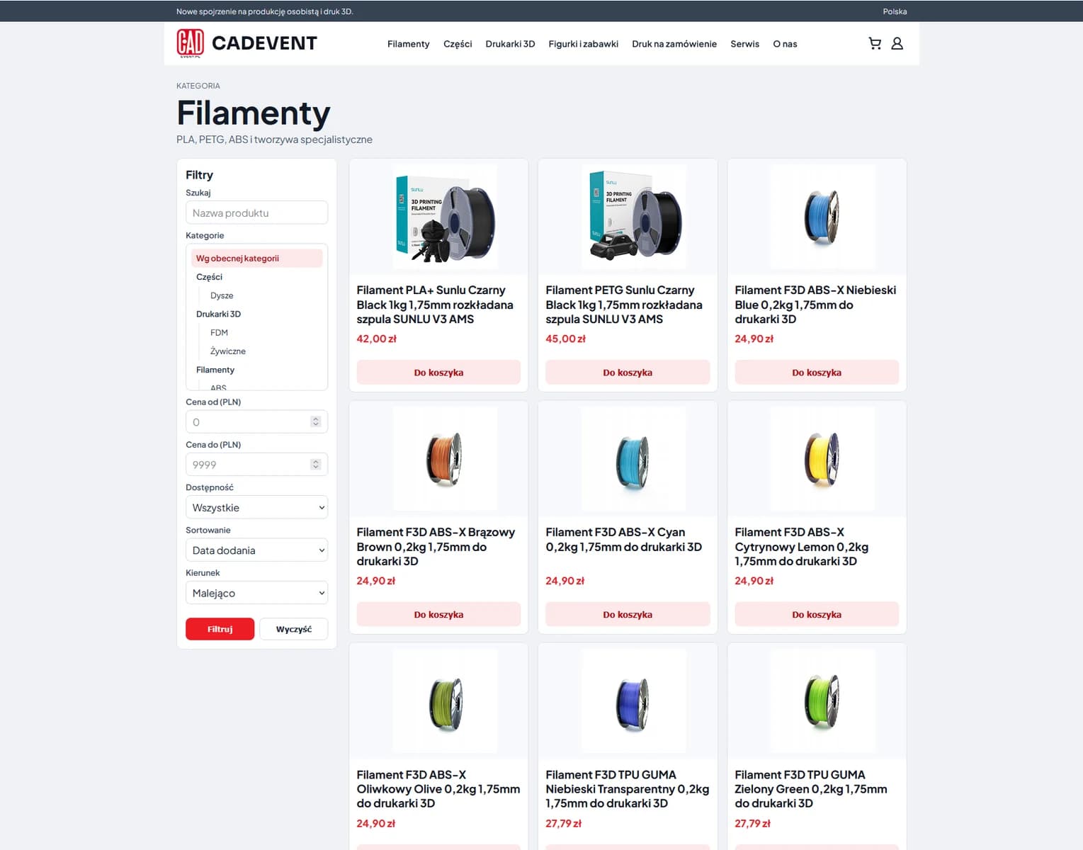 Cadevent filament product grid with filters, availability, and cart actions