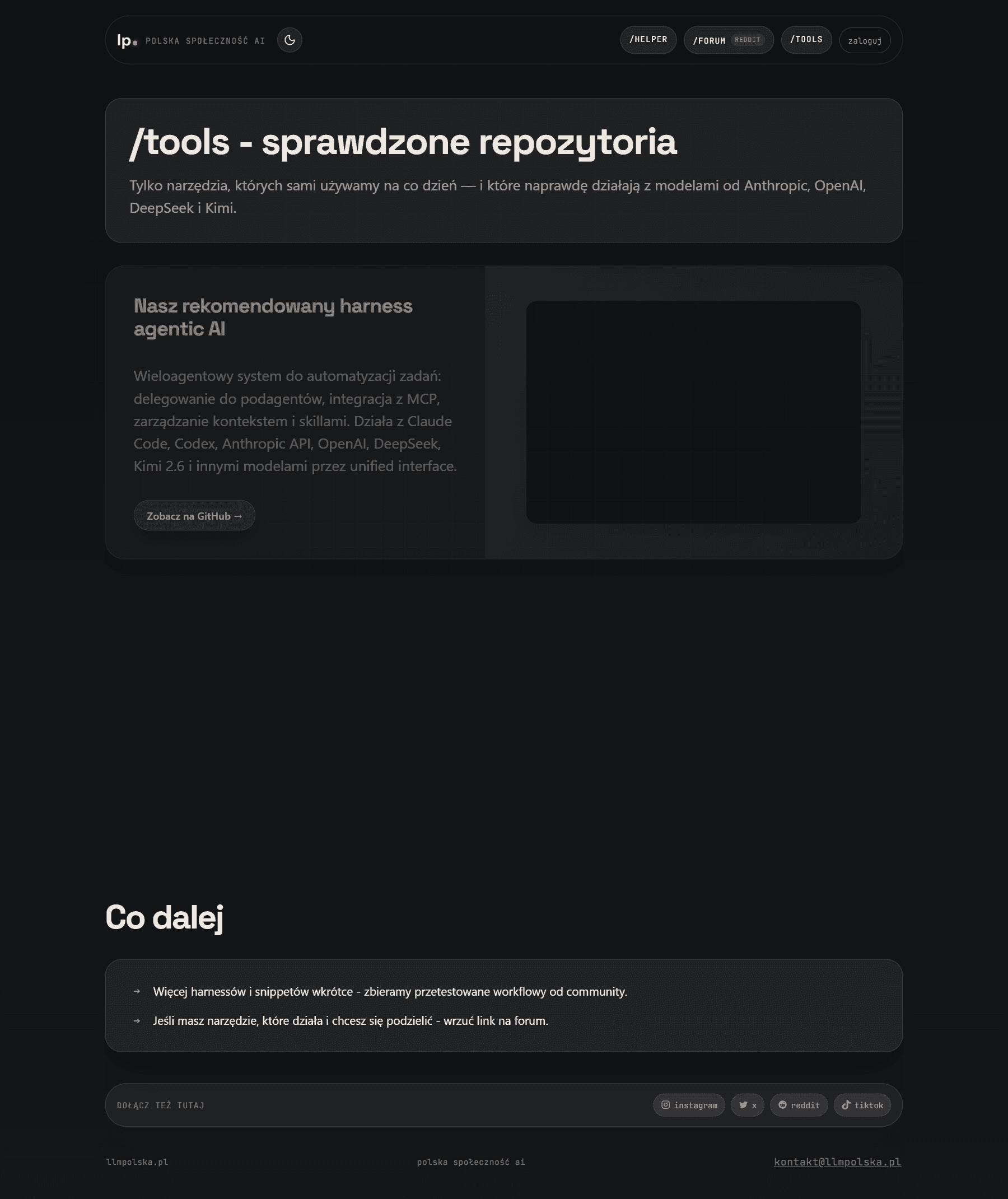 LLM Polska tools directory with recommended AI harnesses and repositories